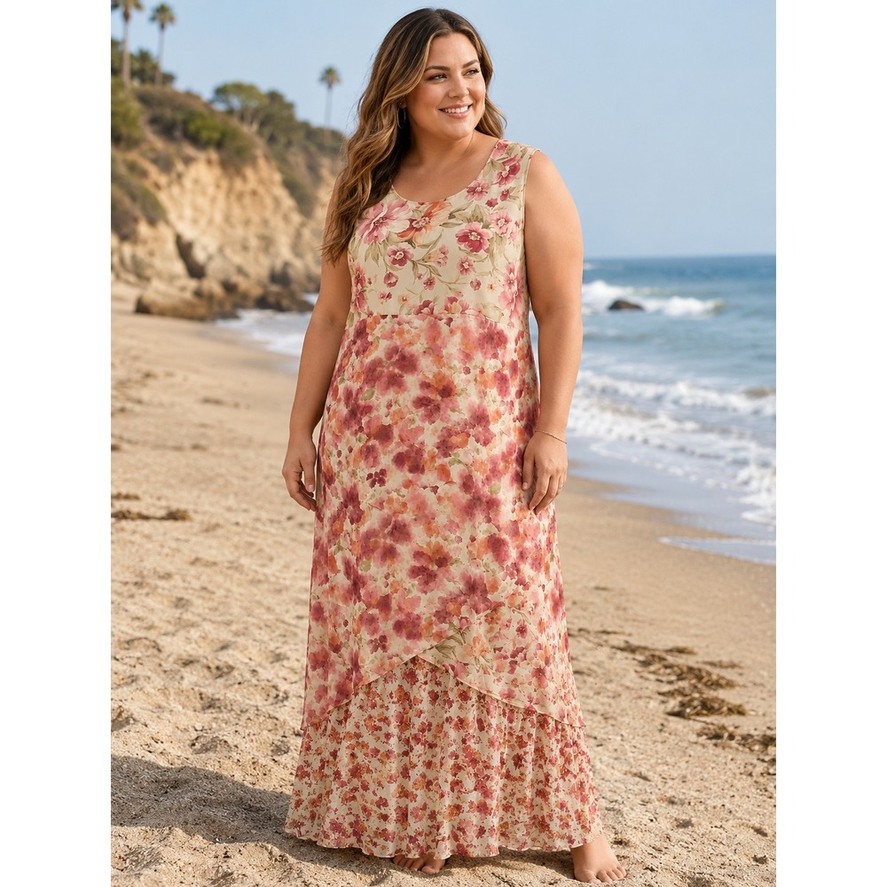 Rachel Adams Pink Green Floral Watercolor 100% Silk Maxi Dress Womens 2X XXL